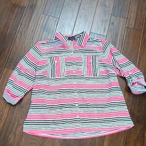 Notations Pink, Black & White Striped V-neck Button-up Blouse size 3X